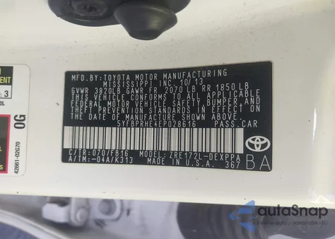 2014 Toyota Corolla Le Eco Plus z USA, uszkodzony, nr VIN 5YFBPRHE4EP028616